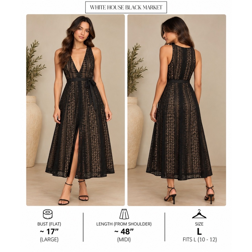 White House Black Market Black Lace V-Neck Midi Dress Size 6